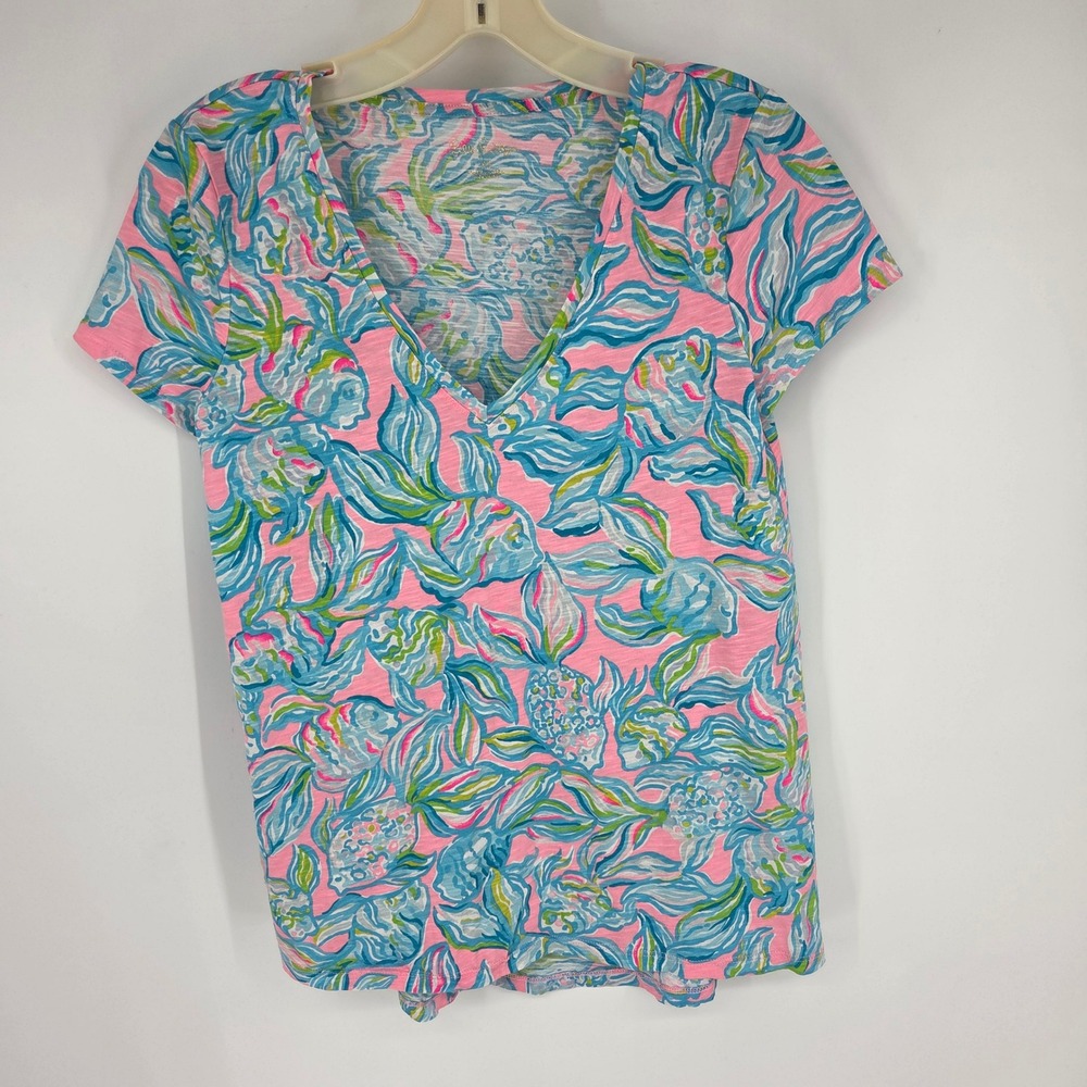 Lilly Pulitzer Etta V-Neck Short Sleeve Cotton Slub Tee Pink Blue Floral XS